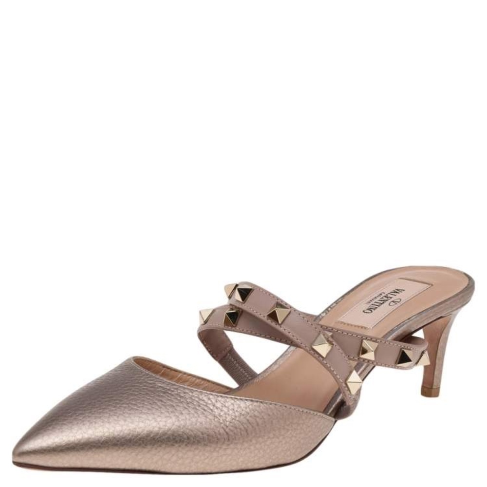 Valentino Garavani Gold Studded Kitten Heel Mules